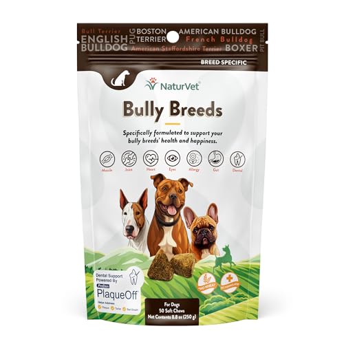 NaturVet Bulldog Breed Supplement- for Joint Support, Digestion, Skin, Coat Care- Dog Multivitamins with Minerals, Omega-3, PlaqueOff- Wheat-Free Vitamins for Dogs- Bully Breeds- 50 Soft Chews