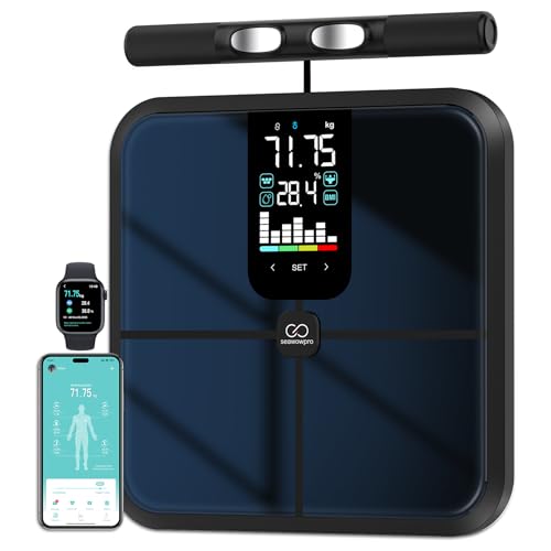 SEAWOWpro Balance Connectée Impédancemètre 8 Électrodes Professionnelle, Pèse Personne Masse Graisseuse et Muscle avec Poignée, 28 Mesures (Poids, IMC, Graisse), Grand Écran LED, Max 180kg/400lb