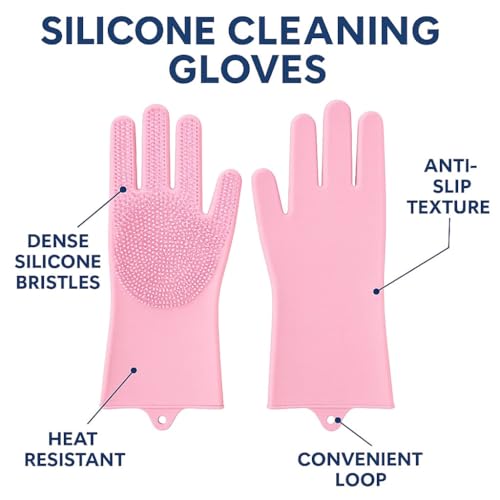 Image of Gloves Magic Silicone Dish Washing Gloves, Silicon Cleaning Gloves, Silicon Hand Gloves for Kitchen Dishwashing and Pet Grooming, Great for Washing Dish, Car, Bathroom (Pink, 1 Pair)