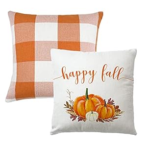 Set of 2 Orange and White Buffalo Check Plaid Throw Pillow Covers Farmhouse Decor Happy Fall Harvest Pumpkin Cushion Cover Thanksgiving Autumn Home Pillowcases 20″ x 20″
