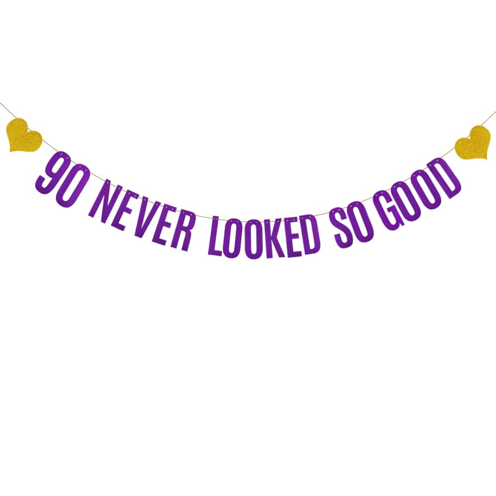 90 NEVER LOOKED SO GOOD Banner, Pre-Strung,Purple Glitter Paper Banner Sign Garlands,90th Birthday Party Decorations Supplies,Letters Purple,