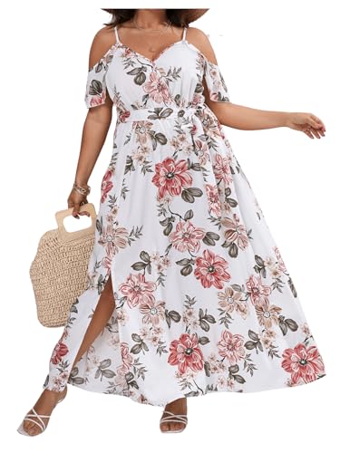 Image of Floerns Women's Plus Size Cold Shoulder Short Sleeve Split Thigh Long Dress