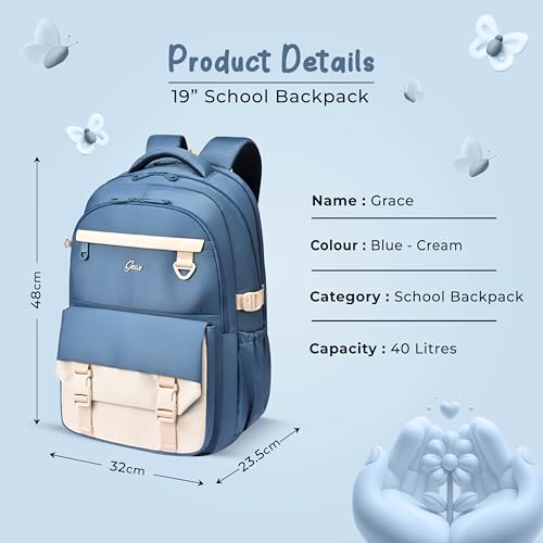 Image of Gear Grace 19 inch /40L Large Water Resistant School Bag | Casual Backpack | Daypack | Travel Backpack | Kids Bag for Boys /Girls (Blue - Cream)