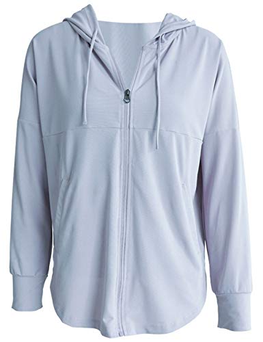 Locachy Women's Lightweight Full Zip Curved Hem Athletic Running Hooded Jackets Sweatshirt Light Blue M