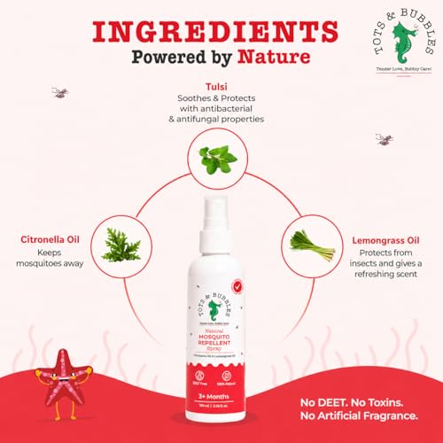 Image of Tots & Bubbles Baby Safe Mosquito Repellent Spray (100ml) for Babies, Toddlers | Natural Protection with Citronella & Lemongrass Oils | DEET-Free, Skin Friendly Insect Spray for Indoor & Outdoor Use | Safe & Gentle on Baby and Mother (Pack of 3)