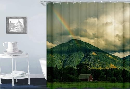 Musihy Rideau de Douche, pour Baignoire et Salle de Bains, 150x200cm Polyester Vert Montagne et Arc-en-Ciel Rideau de Douche de qualité de l'hôtel