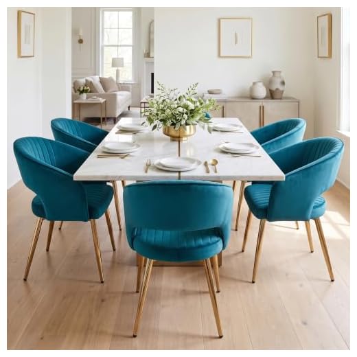 QUINJAY Modern Velvet Dining Chairs Set of 6, Upholstered Gold Dining Chairs with Hollow Back, Dining Room Chairs with Gold Legs, Accent Armrest Kitchen Chairs for Living Room Reception Teal Blue