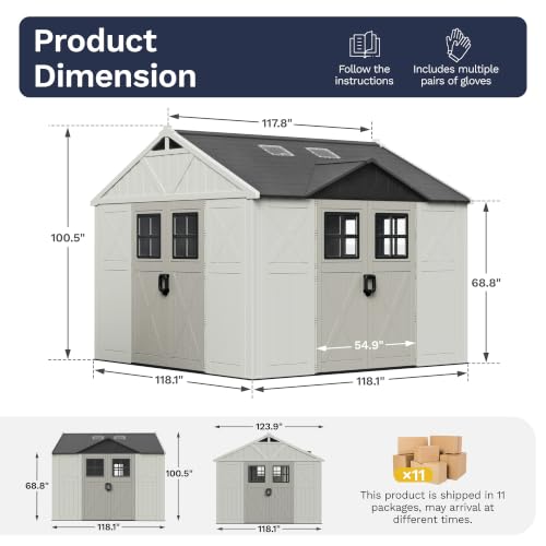 Image of Greesum 10x10FT Resin Outdoor Storage Shed with Three-Sided Doors, Beige