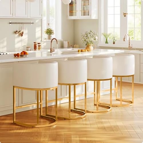Modern Counter Height Bar Stools,Bar Stools Set of 4,PU Leather Upholstered Barrel Barstools with Backs,26'' Kitchen Island Chairs,Metal Gold Frames,Beige White Leather