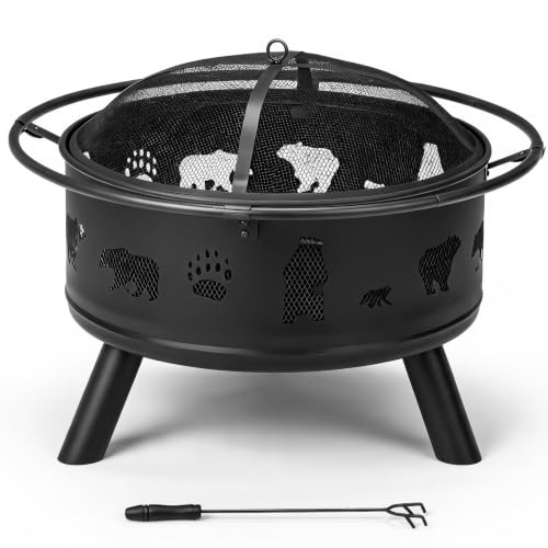 30 Inch Outdoor Wood Burning Fire Pit, Heavy Duty Wrought Iron Firepit with Spark Screen & Lift Ring, Black Patio Fire Bowl for Backyard, Garden, Backyard Fire Pit, Decorative Bear Garden Bonfire Bowl - Image 2