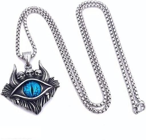 beautivia Vintage Retro Style Demon Oxhorn Gothic Blue Eye Skull Pendant Chain for Men & Boys-picture-1