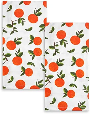 GMIcréatifs 2 Pack, 100% White Cotton Home and Kitchen Hand Towel, Tea Towels, Dish Towels, Bar Towels Citrus Oranges Print, Absorbent Measuring 24”x 16" Inches
