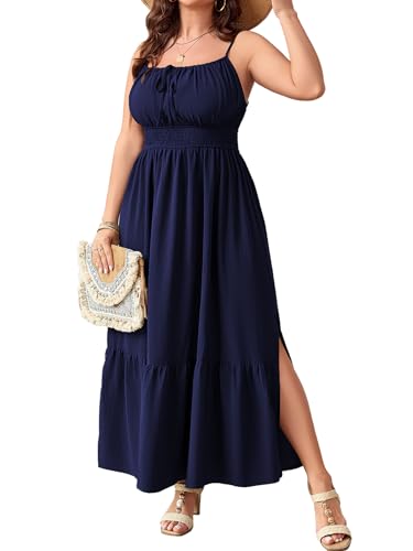 Image of SCOMCHIC Plus Size Summer Boho Dresses Spaghetti Strap Sleeveless Casual Sundress Smocked Flowy Slit Beach Maxi Dress
