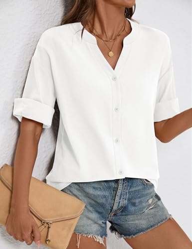 LOMON Womens 3/4 Sleeve Button Down Shirts Cotton Linen Roll Up Short Sleeve Tops V Neck Casual Loose Fit Blouses3