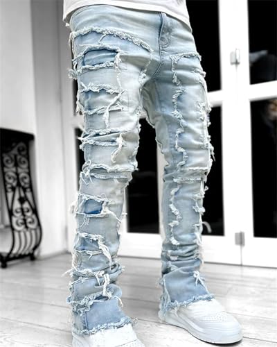 Men's Stacked Jeans Slim Straight Skinny Distressed Denim Pants Destroyed Denim Jeans Streetwear2