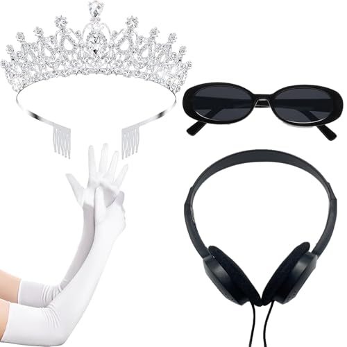 Brimekichio White Tiara Gloves Sunglasses Headphones Princess Costume Accessories for Women Princess Cosplay Bachelorette Party Decorations