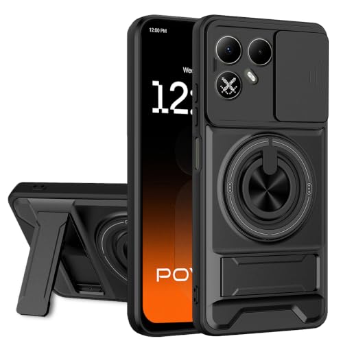 Image of AESTMO Tecno Pova 8 5G Back Cover | Armor Camera Slider 360 Degree Rotating Finger Ring Holder Case with Bracket Stand Back Case Cover (Compatible with MagSafe Accessories) (Black)