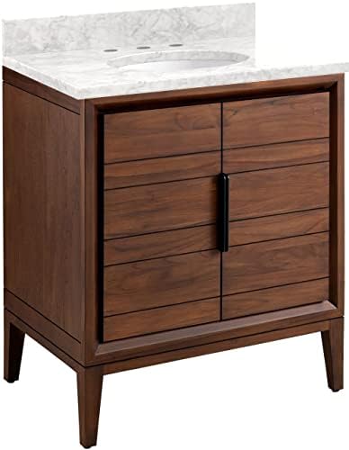 Signature Hardware 459184 Aliso 30" Free Standing Single Vanity Set with Teak Cabinet, Vanity Top, and Oval Undermount Sink - 8" Faucet Holes - Java/Carrara