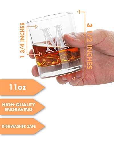 (M-Monogram)- 4 Piece Set of 11 Ounce Engraved Heavy Base Rocks Glasses Elegant Glass-Multi-Purpose Beverage-Rocks Glass- Perfect Gift for any Occasion- By: On The Rox