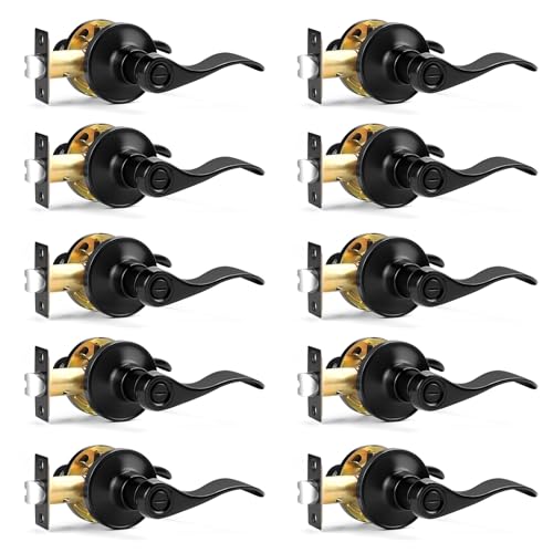 Probrico Wave Style Privacy Door Handles Interior Black Door Lever Lock Keyless Door Lockset for Bedroom and Bathroom Reversible Door Handle Knob for Left and Right Handed Doors, 10 Pack