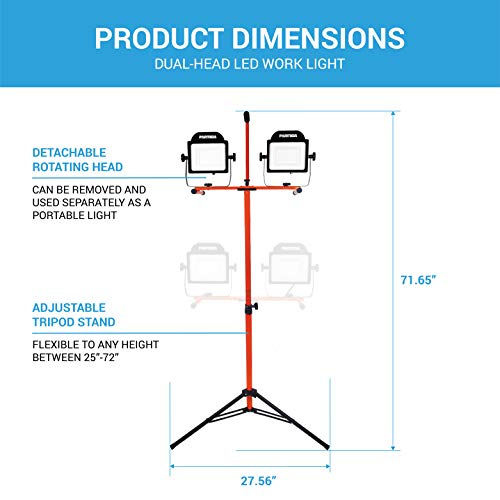PARMIDA LED Dual-Head Work Light with 6ft Adjustable Tripod Stand, 20,000 Lumen, 200W, Durable Aluminum Body, IP65 Waterproof, Foldable Stand, Multi-Directional & Detachable Heads, ETL-Listed