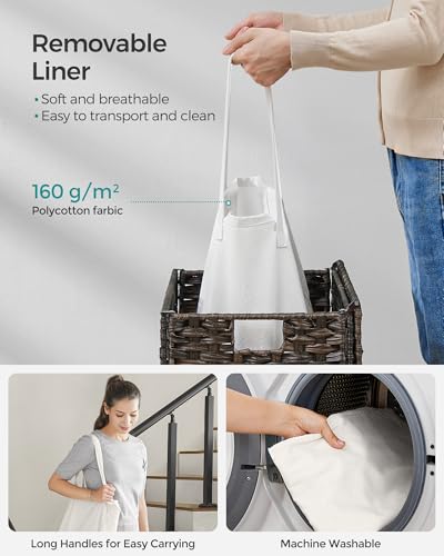 SONGMICS Handgewebter Wäschekorb, 90 l, synthetisches Rattan, Wäschekorb mit Deckel und Griffen, faltbar, herausnehmbarer Innenbeutel… – Ansicht 6