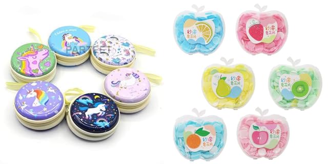 ManaBee Unicorn Printed Multipurpose Coin/Earphone Pouch -Pack of 6 + Pack of 6 Scented Disposable Paper Soap Flakes in Apple-Shaped Bottles -Travel and Wash Use-image-39
