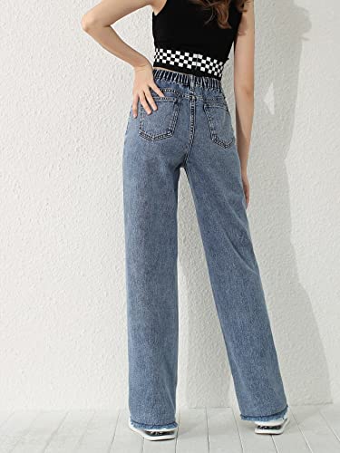 Floerns Girls Casual High Waisted Straight Leg Raw Hem Denim Jeans Pants Blue Wash 10-11Y #TOP1