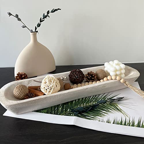 BEDAZE Wooden Dough Bowls Decorative,Rustic Bread Long Bowls Decor Wood Tray, Hand Carved For Table Centerpiece Decor, Home Decor(20 * 6 * 2 inch white)