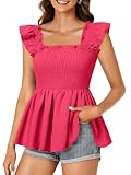 Picture of LYANER Women's Square Neck Ruffle Cap Short Sleeve Smocked Summer Peplum Top Babydoll Flowy Blouse Tank Solid Rose Small