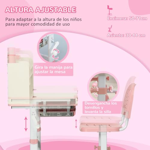 Miniatura 4 de Homcom Juego De Escritorio Y Silla Para Ninos De 3 Anos Con Altura Ajustable, Con Tablero De Mesa Inclinable Cajon Y Estanteria Para Libros 80x52x88-109 Cm Y 35,5x44,5x66-80 Cm Rosa