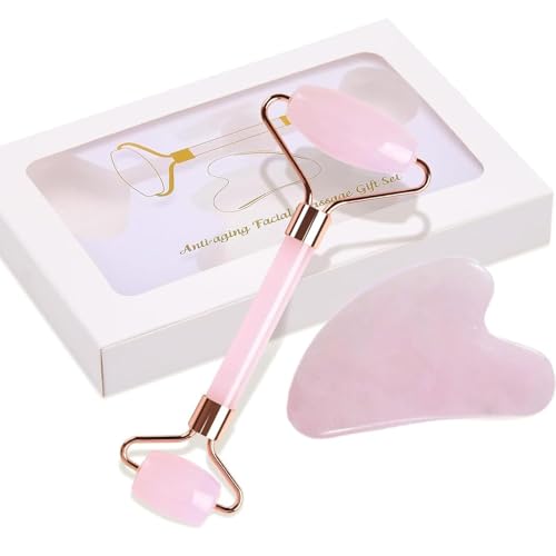 Rouleau de Quartz Rose et Gua Sha, Guasha Pour Visage, Rouleaux de Massage pour le Visage, Pierre Gua Sha pour le Visage Anti-âge Anti-rides