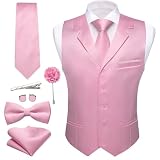 Picture of Barry.Wang Mens Pink Satin Formal Vest Lapel Collar Slim Fit Casual Waistcoat Tie Bowtie Set Party Suit
