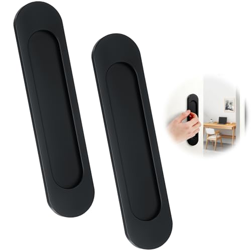 wilcractk Poignée de Porte Coulissante Ovale, Poignée Autocollante en Aluminium avec Coins Arrondis, 2 Pièces Noir Mat, Installation Sans Perçage pour Portes Coulissantes et Tiroirs