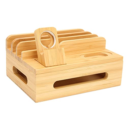 Station de Charge Multi-appareils en Bambou Support de Support de Station d'accueil Support de Station de Charge en Bambou Organisateur Base de Charge Multiple pour téléphone Tablette Montre