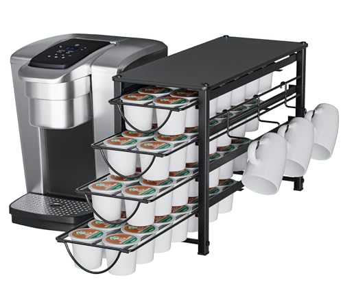Image of HFHOME Coffee Pod Organizer for Countertop, 4-Tier Metal Storage Drawer, Holds 56 Capsules, Coffee Station Holder for Kitchen, Office, or Home, 3 cup rack, Black