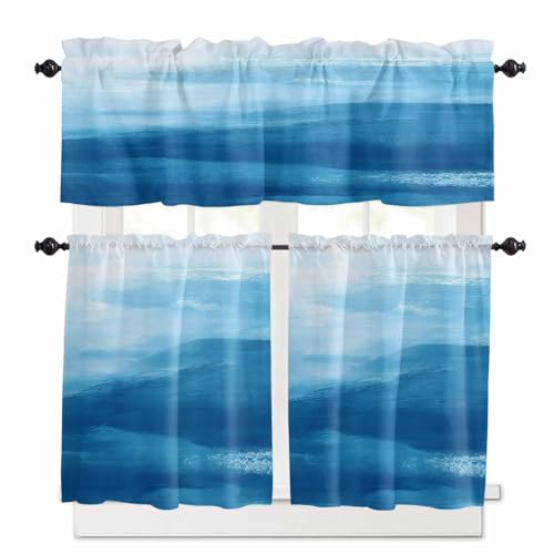 Coastal Sky Blue Kitchen Curtains 36 Inch Length, 3 Piece Rod Pocket Small Half Tiers and Valance Set, Summer Nautical Ocean Wave Small Large Window Treatment Decor for Bedroom/Bathroom Sink