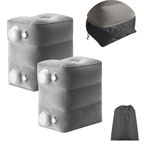 Image of Inflatable Dual-Pump Foot Rest Pillow - Portable Adjustable 3-Height Travel Bed & Leg Rest for Kids & Adults - No-Mouth-Blow, Soft Flocking, Multi-Use Travel Comfort (Pack of 2, Grey)