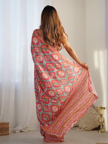 Image of Panzora Women's Chinon Printed Saree With Unstitched Blouse Piece