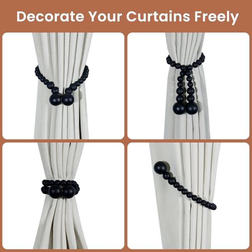 KLOGTSIND Magnetic Curtain Tiebacks, Curtain Tie Backs for Curtains 2 Pack, Wood Bead Curtain Tiebacks, Curtain Holders for Boho Bedroom Decor, Baby Nursery Decor, Farmhouse Decor