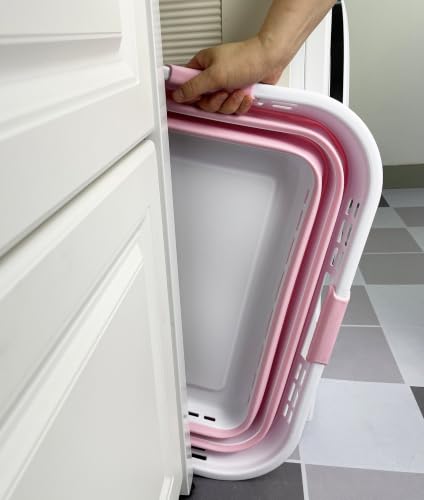 Image of SAMMART Set of 2 Collapsible Plastic Storage Basket - Foldable Pop Up Storage Container - Portable Laundry Organizer - Space Saving Hamper (White /Cherry Pink, 42L (Style A))