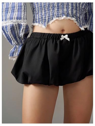SOLY HUX Women's Y2k Bubble Skirt Bow Elastic Low Rise A Line Mini Skirt4