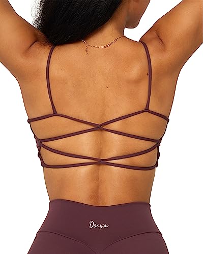 Danysu Womens Backless Sports Bra Open Back Workout Top Light Support Strappy Sport Bra Cute Gym Clothes Crisscross Hot Chocolate S