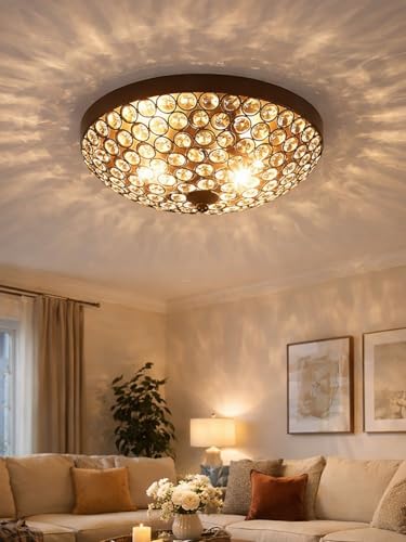 Image of 2-Lights Dome Shape Metal Glass Crystal Chandelier Jhoomar Ceiling Light for Living Room | Modern Flush Mount Crystal Ceiling Lamp | Warm White LED Included