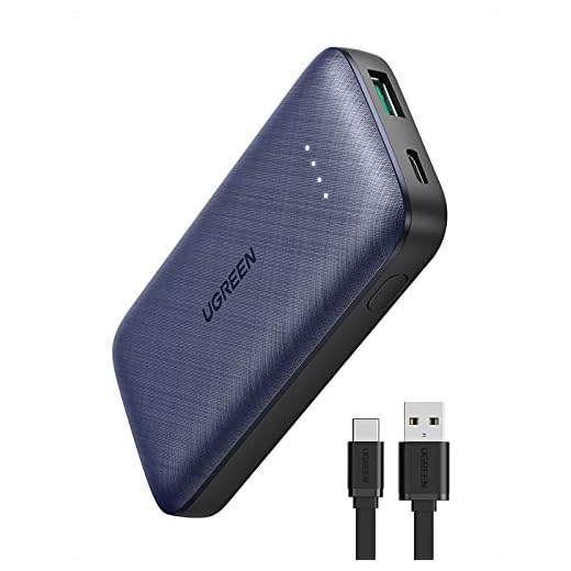 UGREEN Mini Power Bank 10000mAh Snabbladdning, Litet Externt Mobilbatteri med USB C PD 3.0 och QC 3.0 Kabel, Bärbar Laddare Kompatibel med iPhone 12, Pro, 11, iPad Pro 2020, Airpods Pro etc.