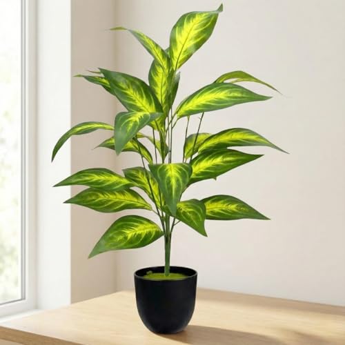 Image of Dekorly Artificial Plant Leaves Tropical Monstera Large Artificial Plants Fake Zebra Leaf Plastic Palm Tree Branch for Home Garden Decor | 26 Leaves (WithPot-Green-E, Height : 76CM)