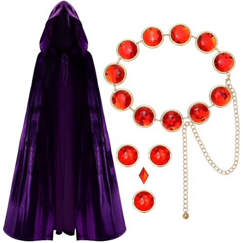 Image of Womens Halloween Cosplay Costume, Purple Hooded Cape with Red Gemstone Waist Belt, Costumes Props Set for Anime Figures