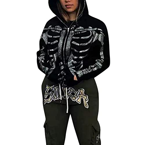 Women Long Sleeve Zip Up Hoodie Jacket Rhinestone Vintage Harajuku Casual Cardigan Sweatshirt Streetwear Casual Coat (Black Full Skeleton , L ) #TOP2