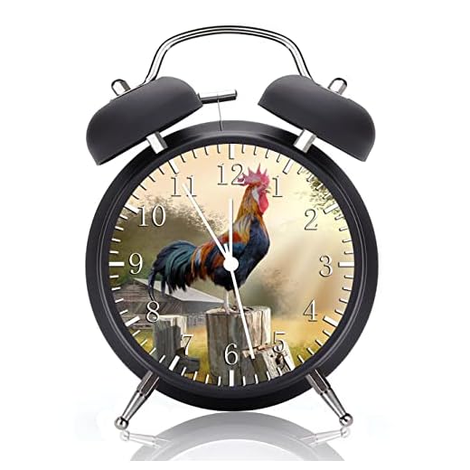 Twin Bell Rooster Farm Alarm Desk Clock with Night Light Quite Silent Non-Ticking 4 Inches Metak and Glass Face Great for Decor or Gifts G30