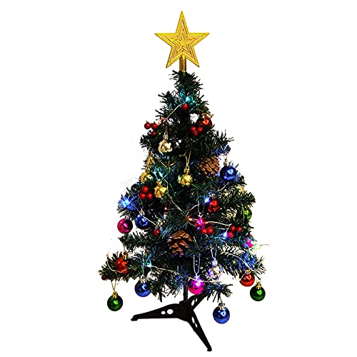 HJHIWE Mini albero di Natale artificiale da tavolo da 30 cm con luci LED multicolore, cima dell'albero, bacche di agrifoglio, pigne e ornamenti da appendere per le migliori decorazioni natalizie